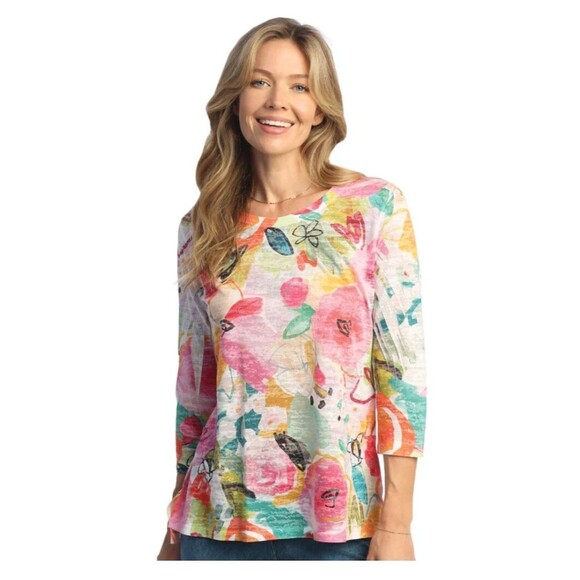 Jess & Jane Tops - Jess & Jane Sangria Abstract Print Burnout Top Women's Medium 3/4 Sleeves Slits